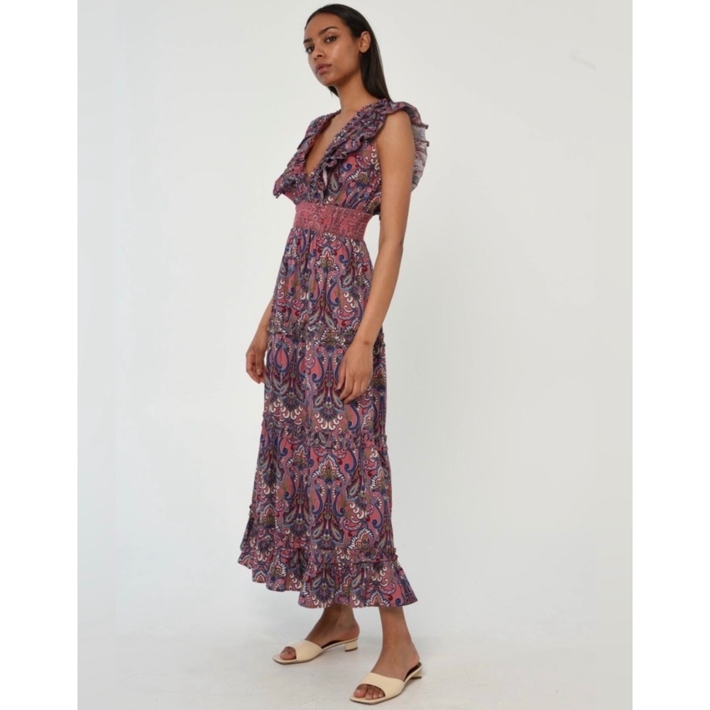 Caroline Constas Juniper Print Paisley Ruffle Smocked Tiered Maxi Dress M Boho